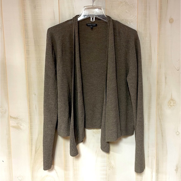 Eileen Fisher Brown 100% Wool Open Cardigan Sweater Sz L Neutral - Picture 1 of 5